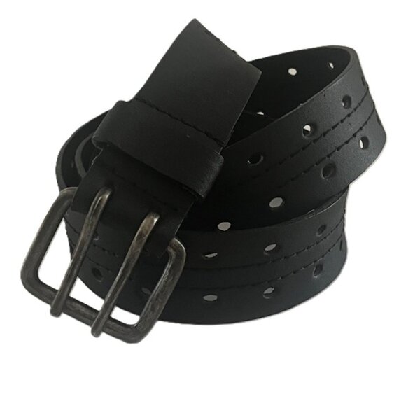 Accessories - Black Leather Belt Silver Tone Buckle Hardware Double Punch Women's Large